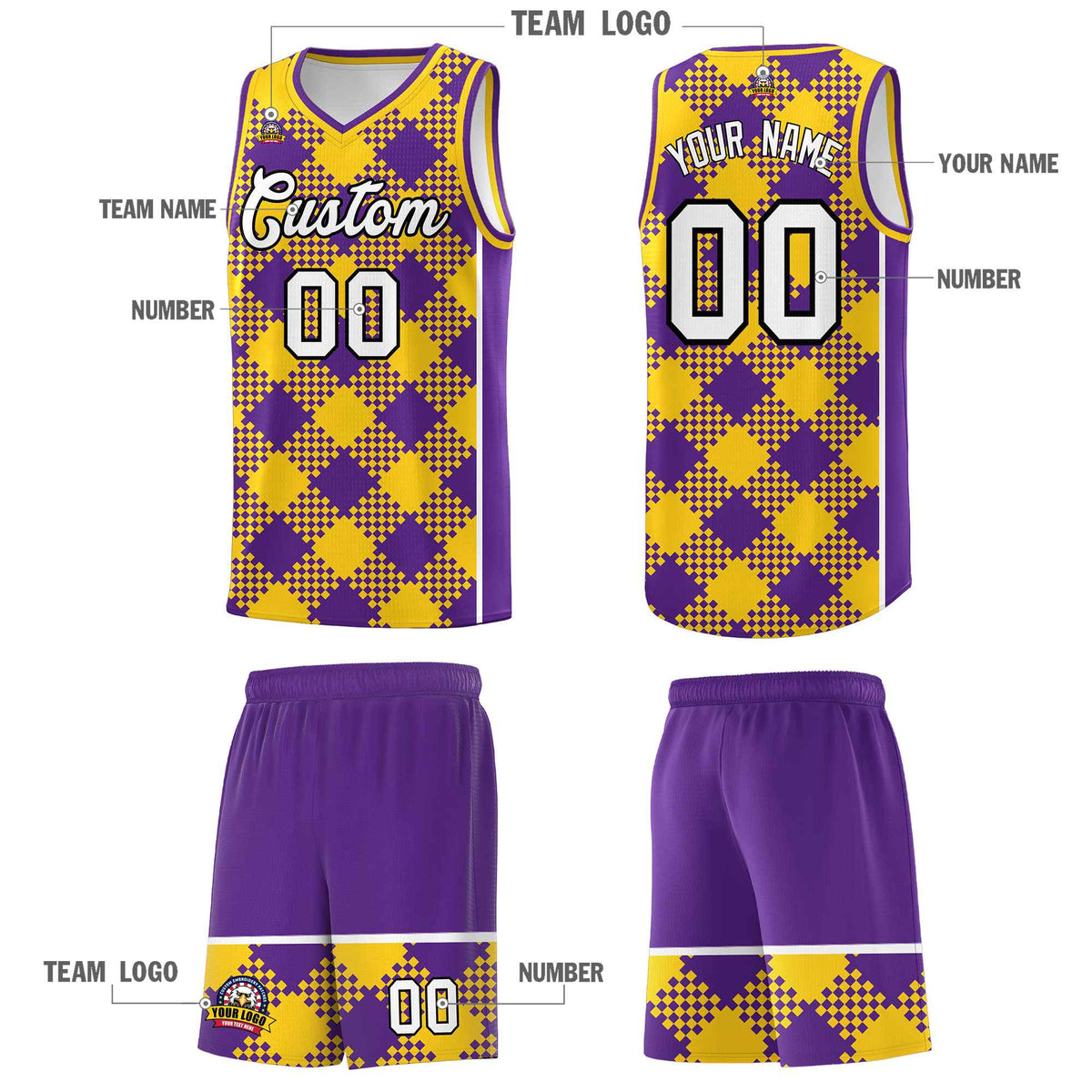Personalized Purple Gold-White Grid Basketball Kits