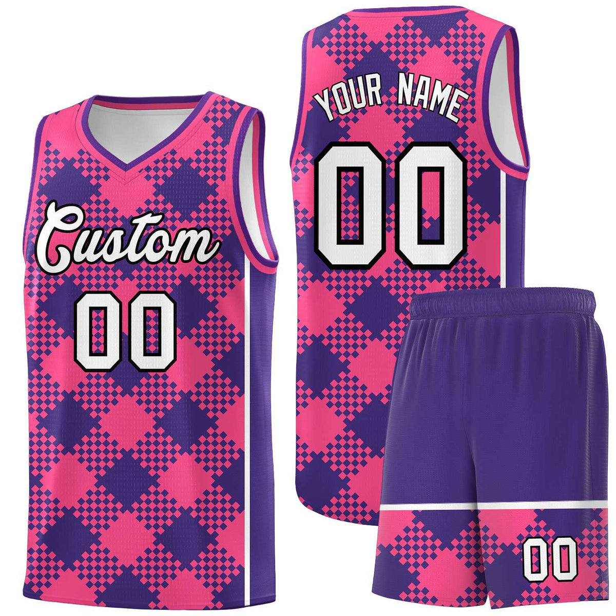 Personalized Purple Pink-White Grid Basketball Kits