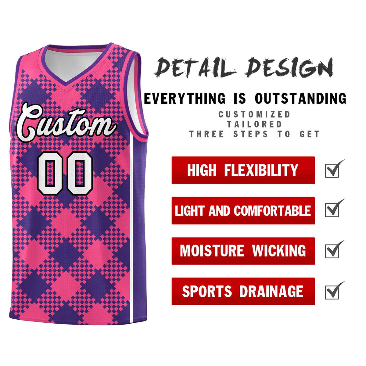 Personalized Purple Pink-White Grid Basketball Kits