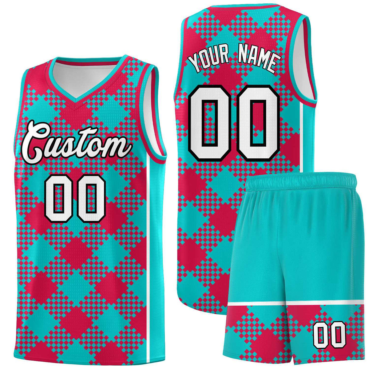 Personalized Aqua Red-White Grid Basketball Kits