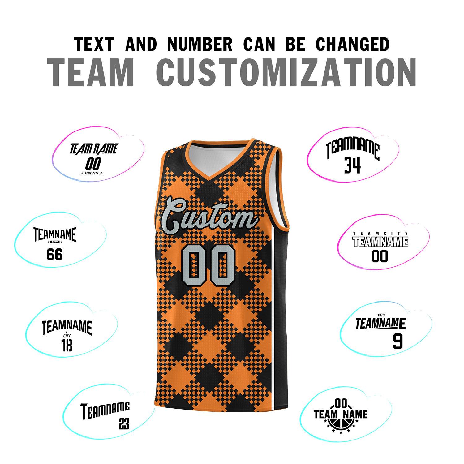 Personalized Gold Orange Black-White Grid Basketball Kits