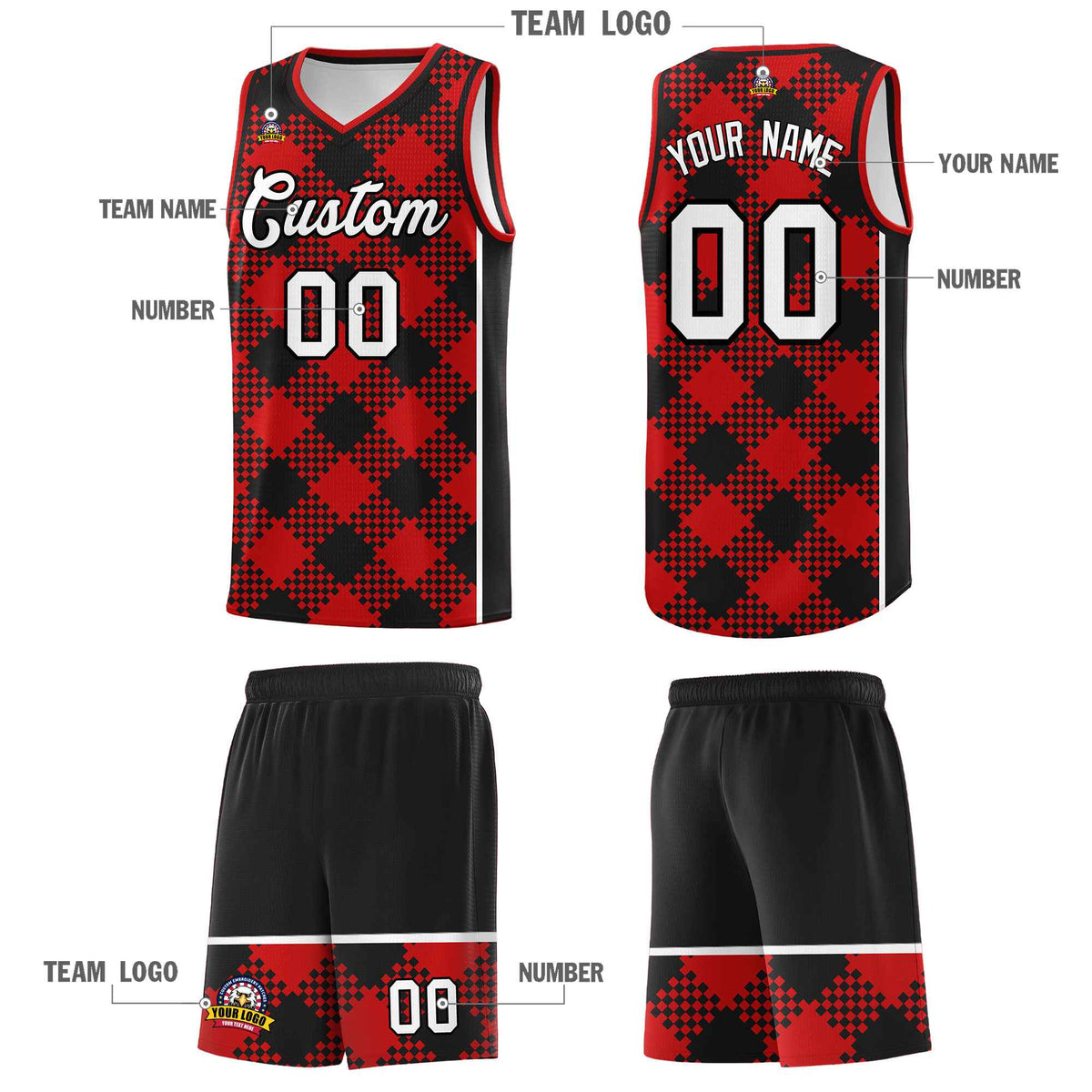 Personalized Red Black-White Grid Basketball Kits