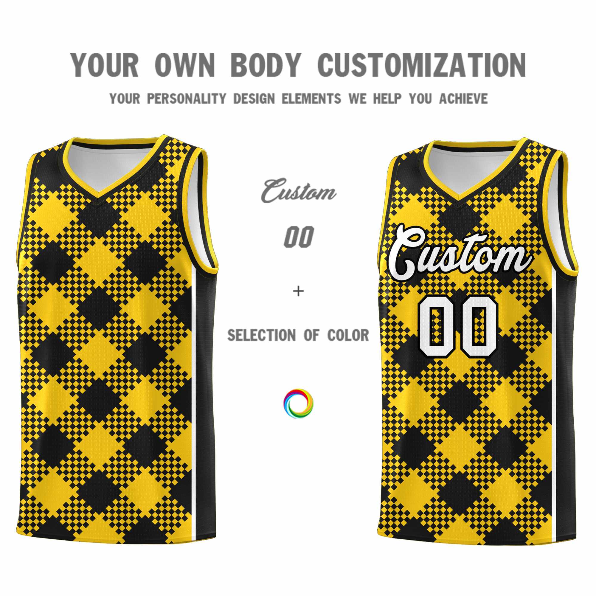 Personalized Gold Black-White Grid Basketball Kits