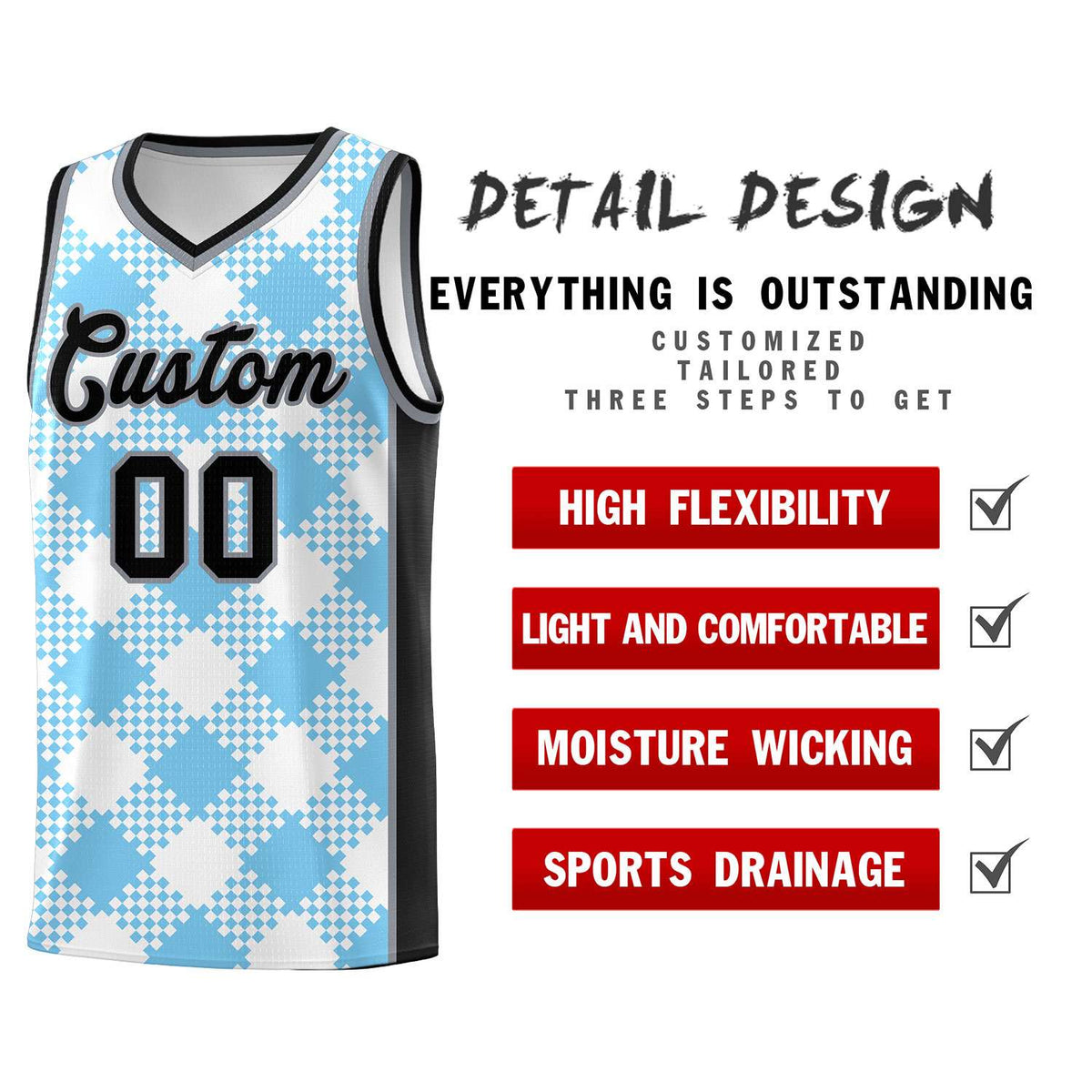 Personalized Light Blue White-Black Grid Basketball Kits