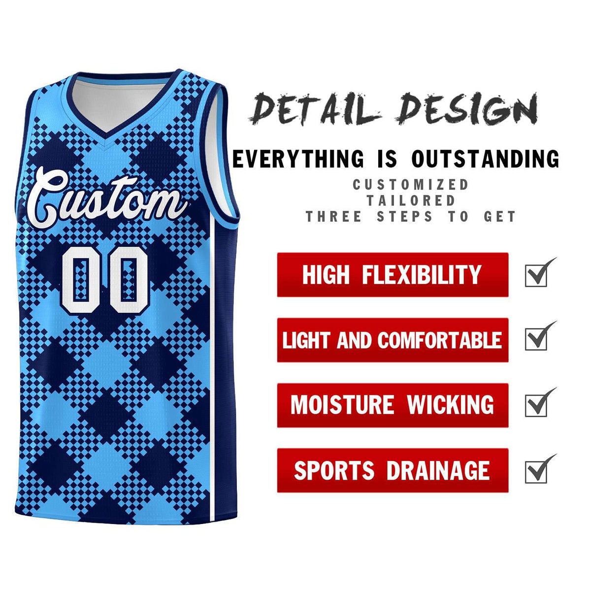 Personalized Powder Blue Navy-White Grid Basketball Kits