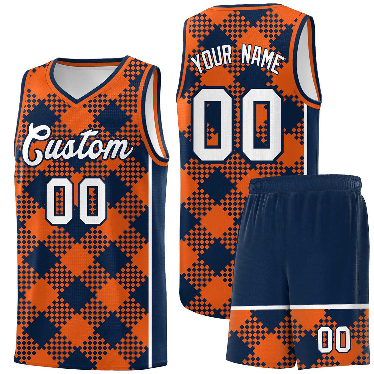 Personalized Navy Orange-White Grid Basketball Kits