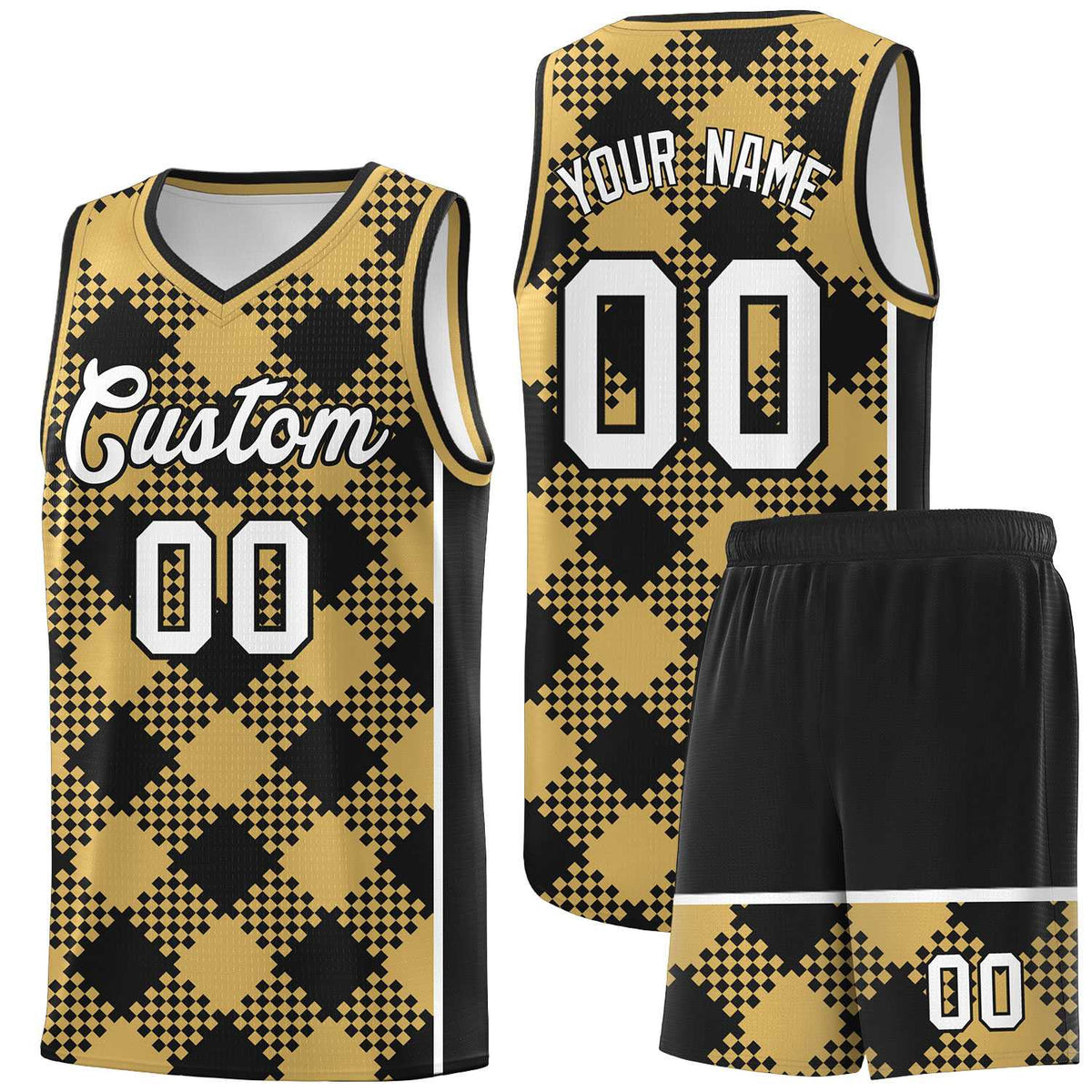 Personalized Old Gold Black-White Grid Basketball Kits