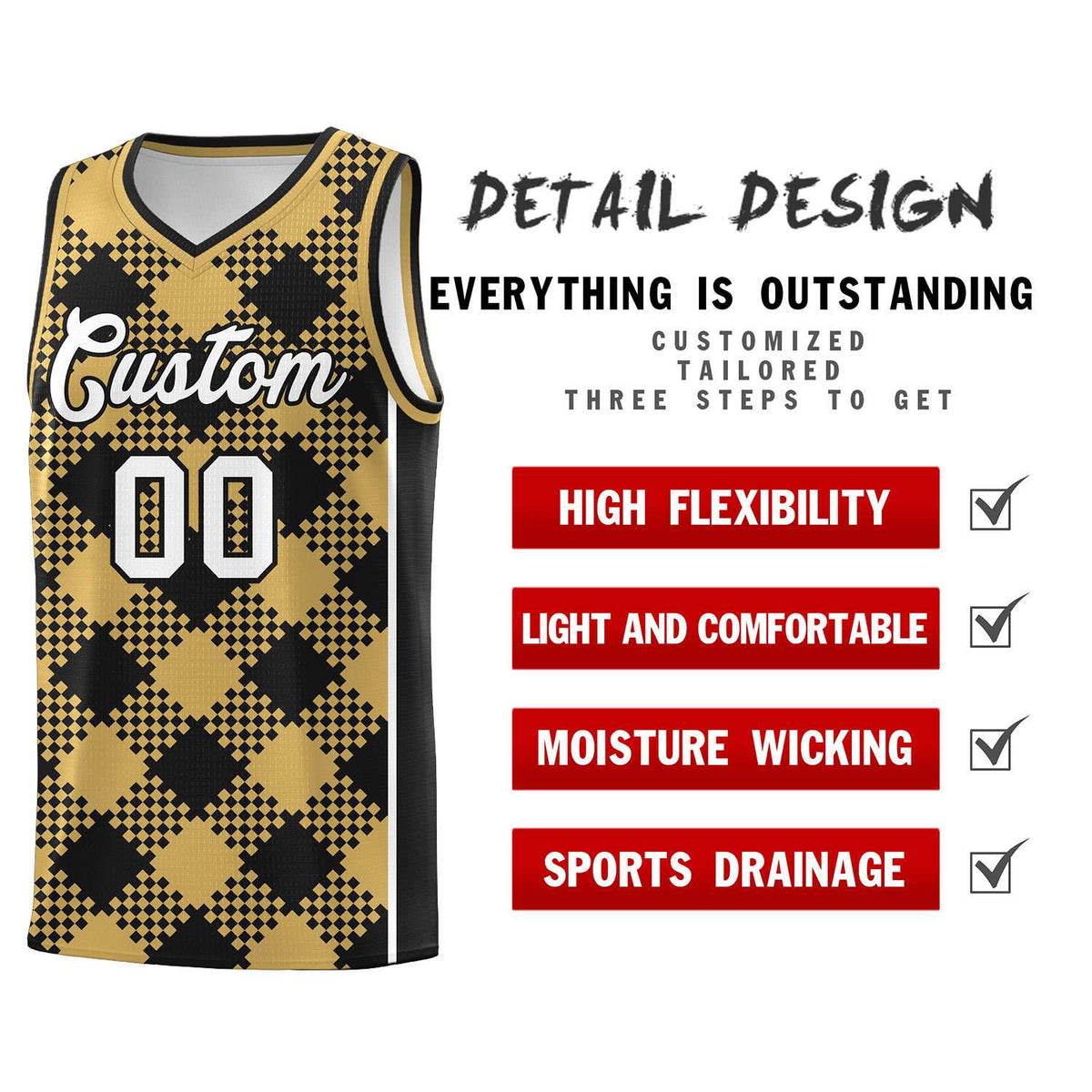 Personalized Old Gold Black-White Grid Basketball Kits