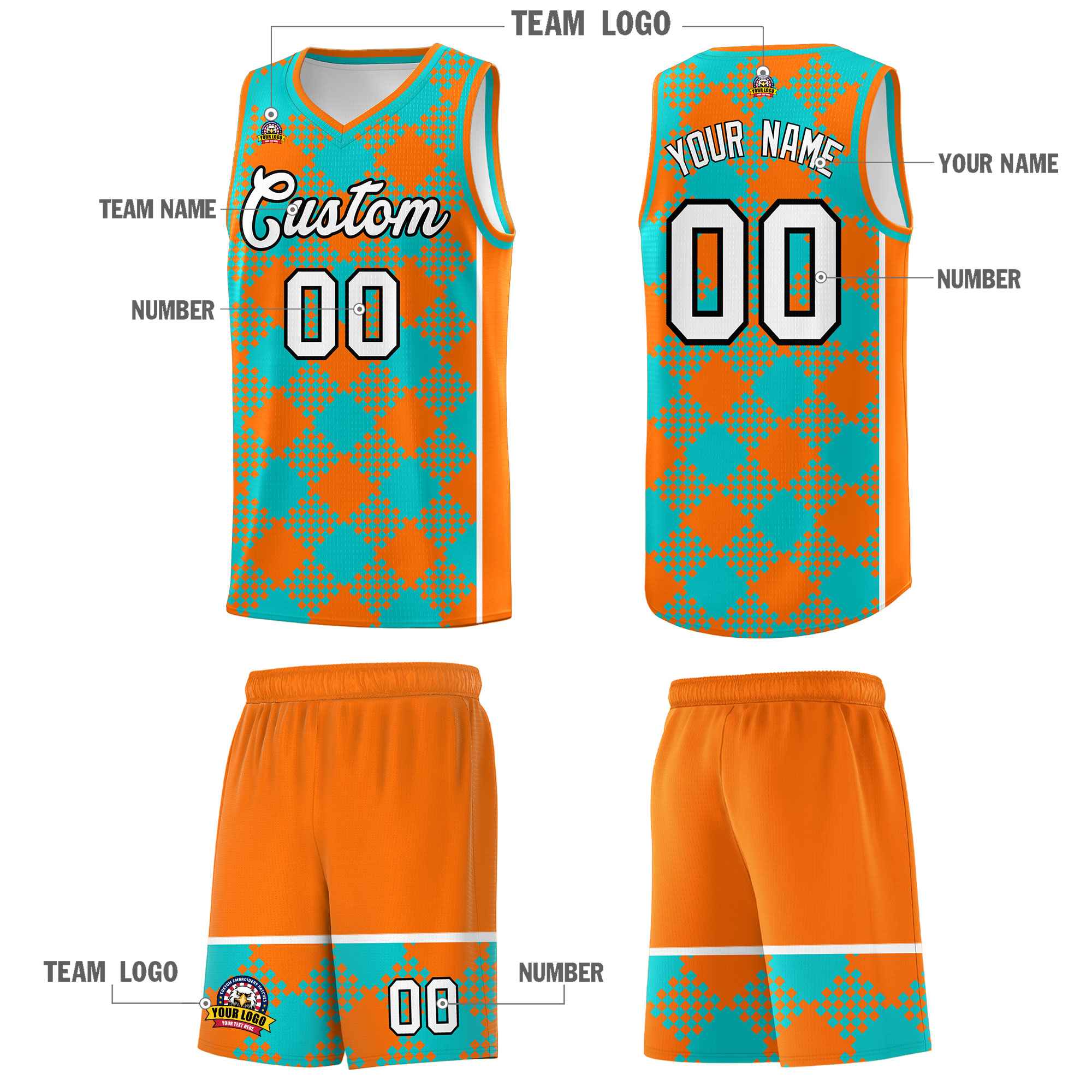 Personalized Aqua Orange-White Grid Basketball Kits