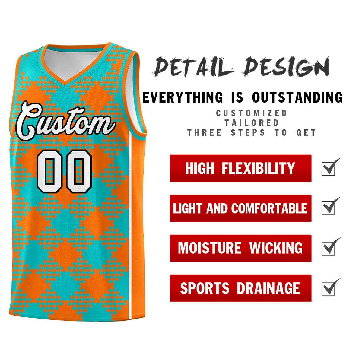 Personalized Aqua Orange-White Grid Basketball Kits