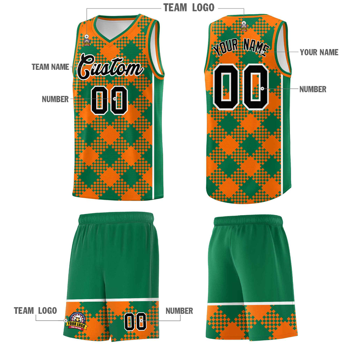 Personalized Orange Kelly Green-White Grid Basketball Kits