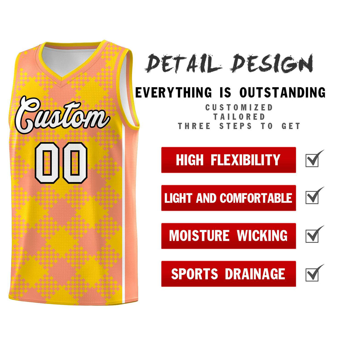 Personalized Light Orange Gold-White Grid Basketball Kits