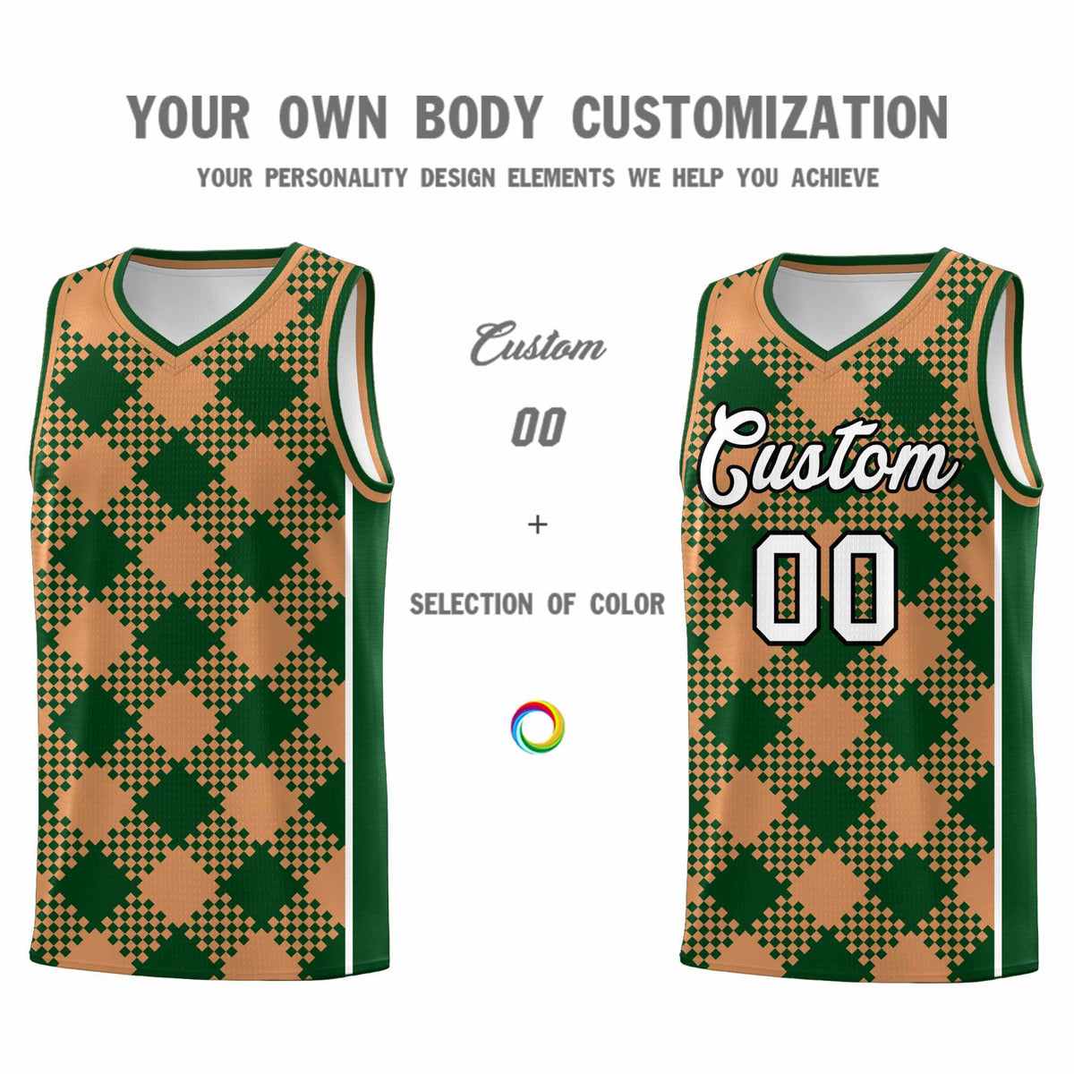 Personalized Green Buckskin Brown-White Grid Basketball Kits