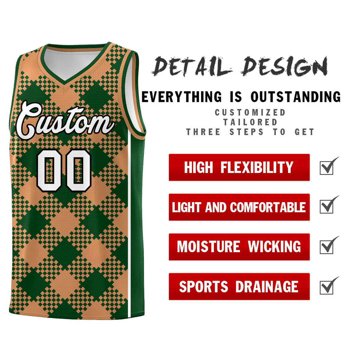 Personalized Green Buckskin Brown-White Grid Basketball Kits