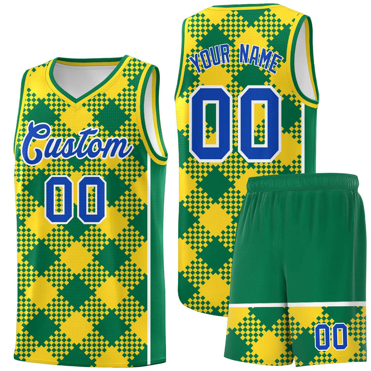 Personalized Gold Kelly Green-White Grid Basketball Kits