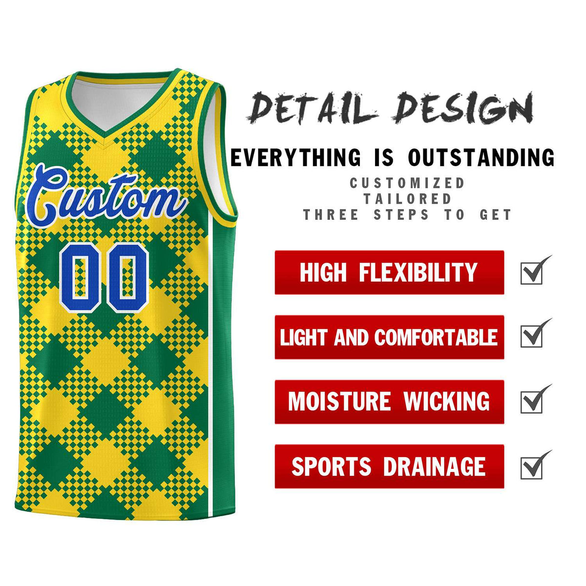 Personalized Gold Kelly Green-White Grid Basketball Kits