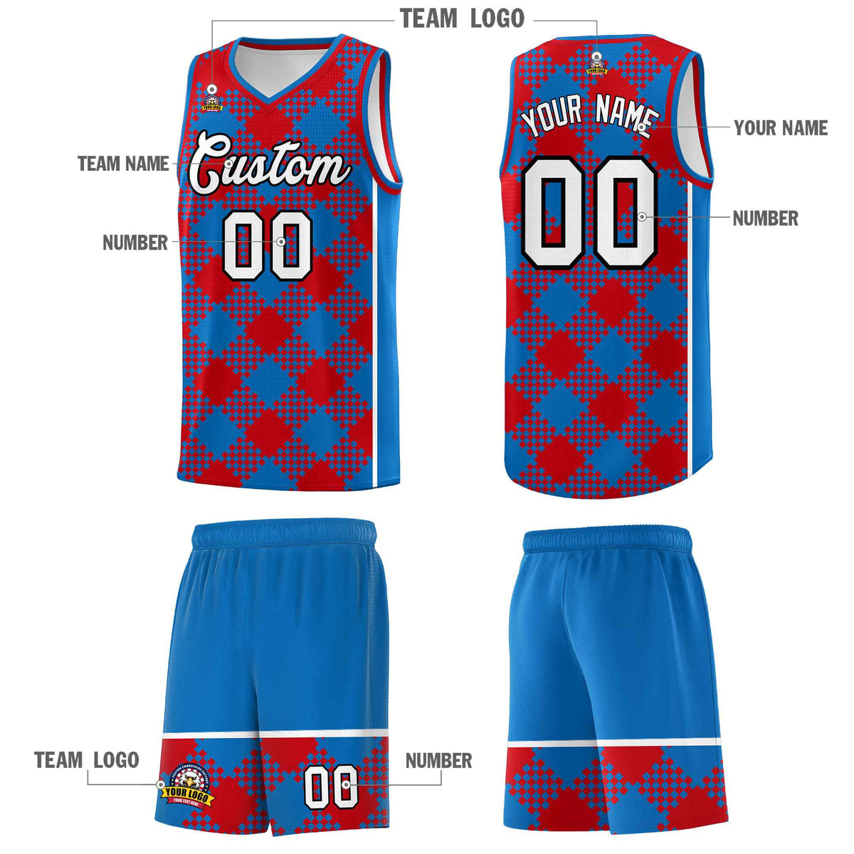 Personalized Royal Red-White Grid Basketball Kits