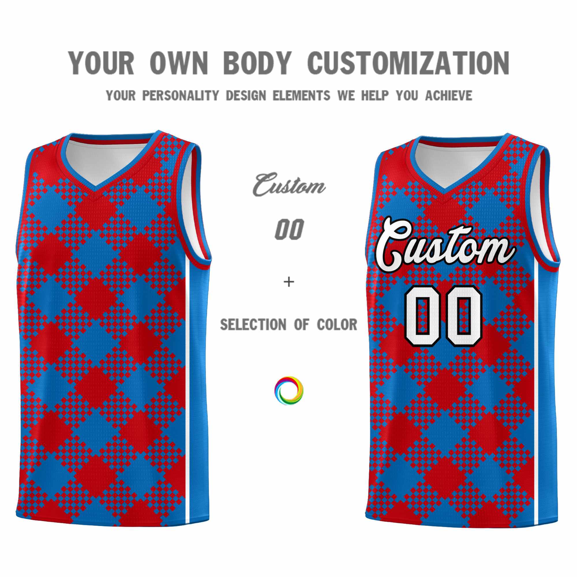 Personalized Royal Red-White Grid Basketball Kits