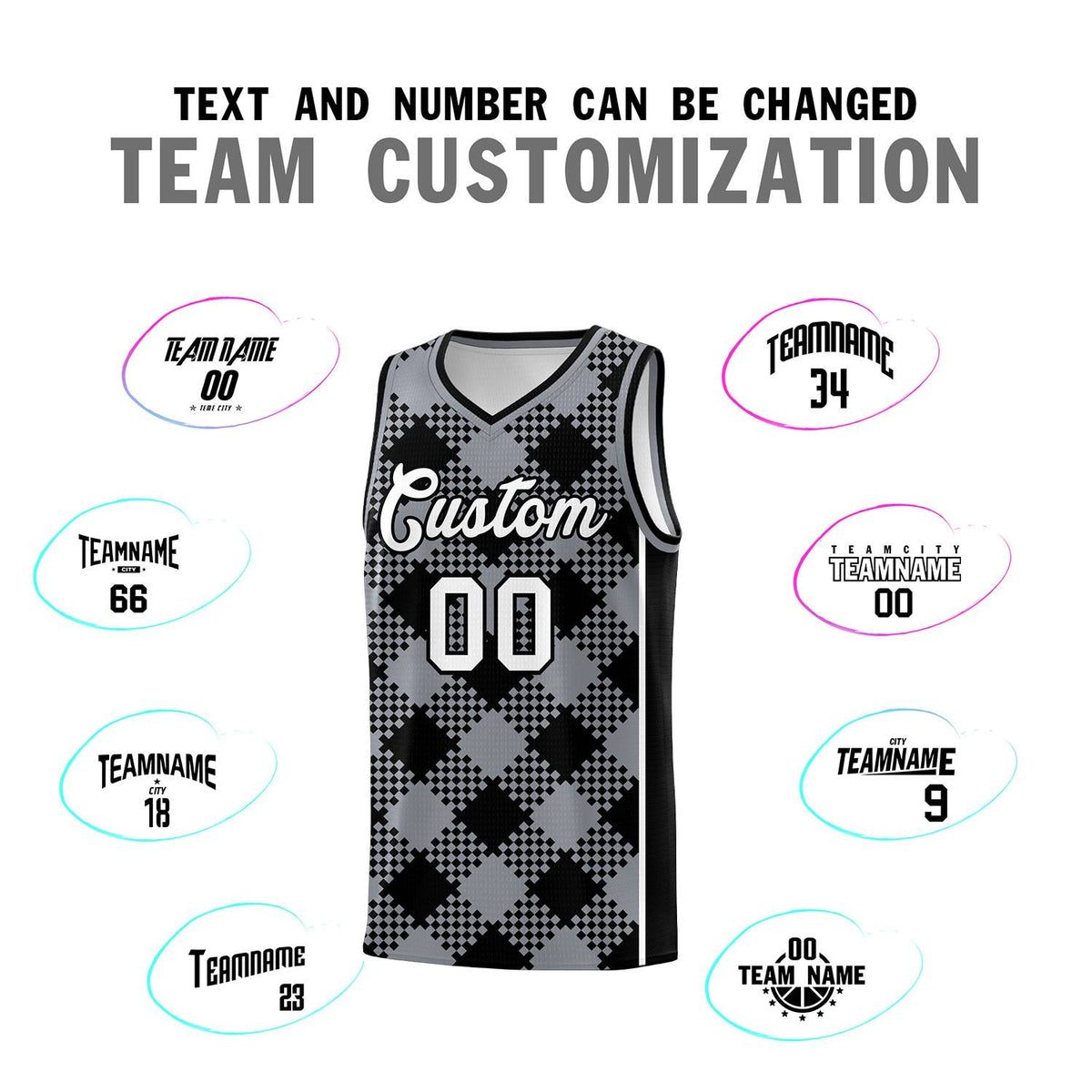 Personalized Gray Black-White Grid Basketball Kits