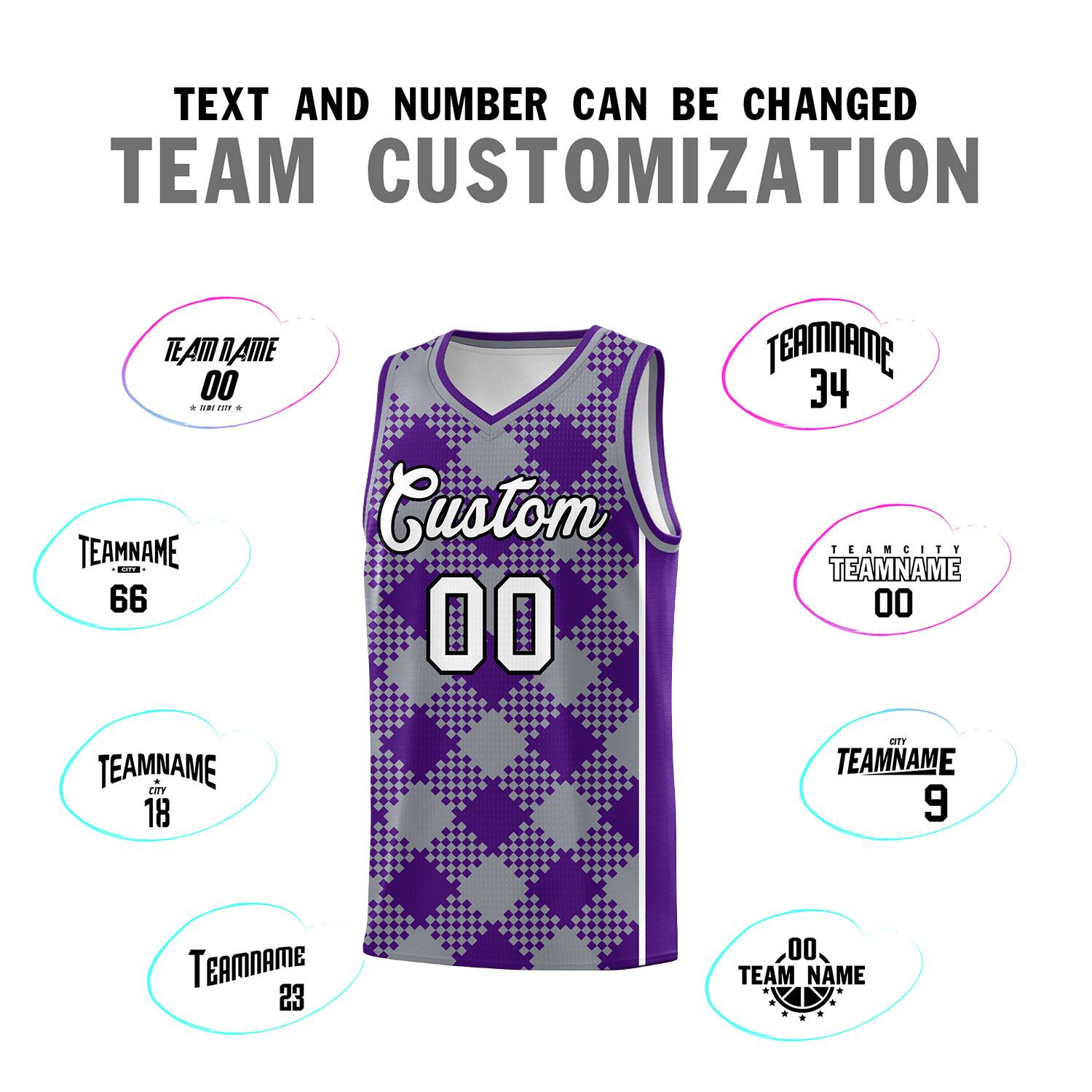 Personalized Gray Purple-White Grid Basketball Kits