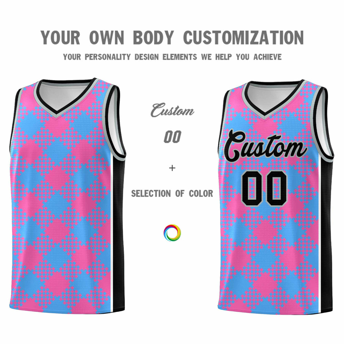Personalized Powder Blue Pink-White Grid Basketball Kits