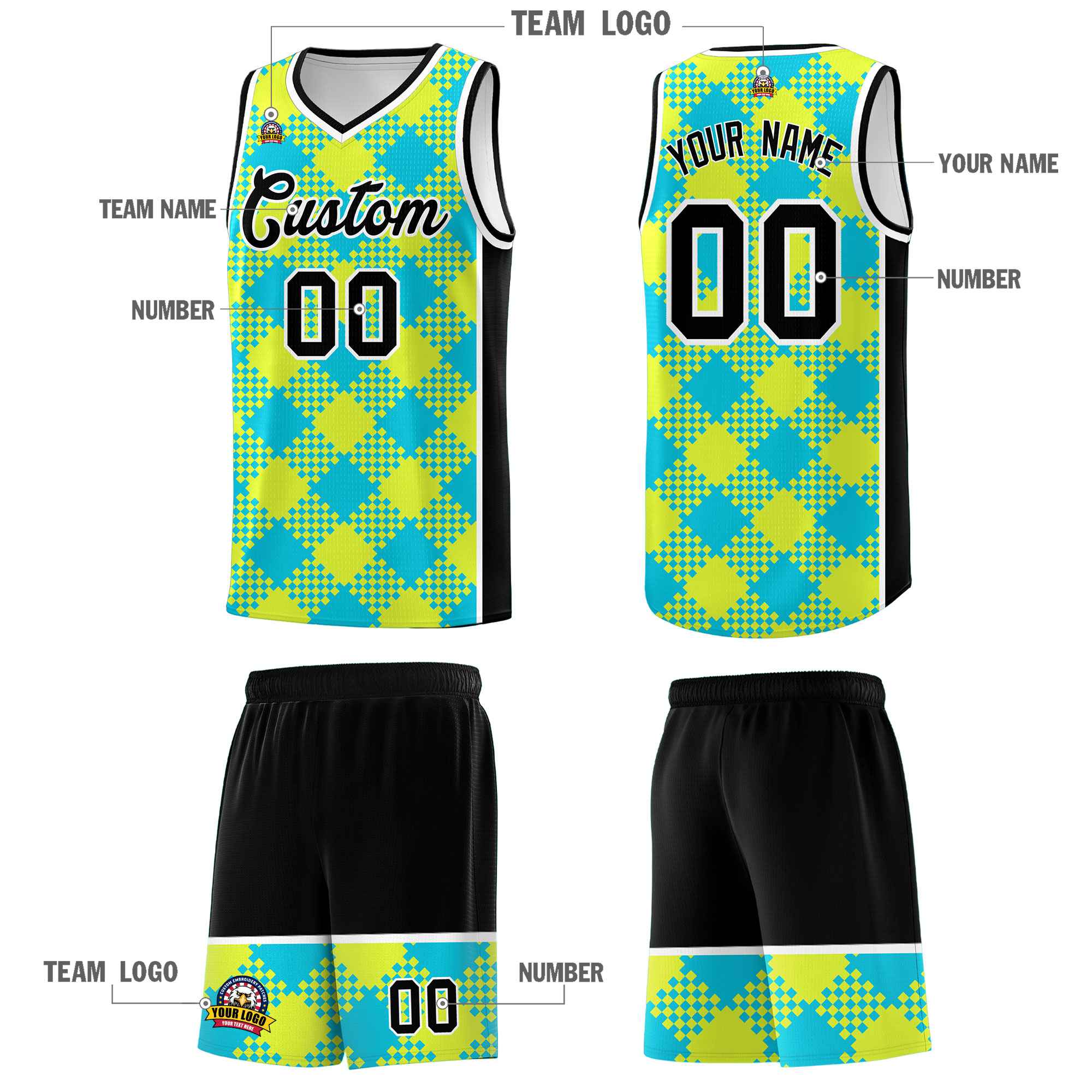 Personalized Sky Blue Fluorescent Green-White Grid Basketball Kits