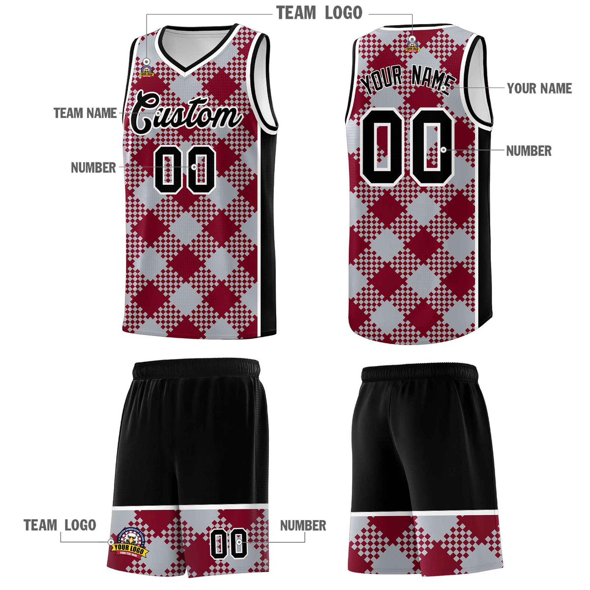 Personalized Gray Crimson-White Grid Basketball Kits