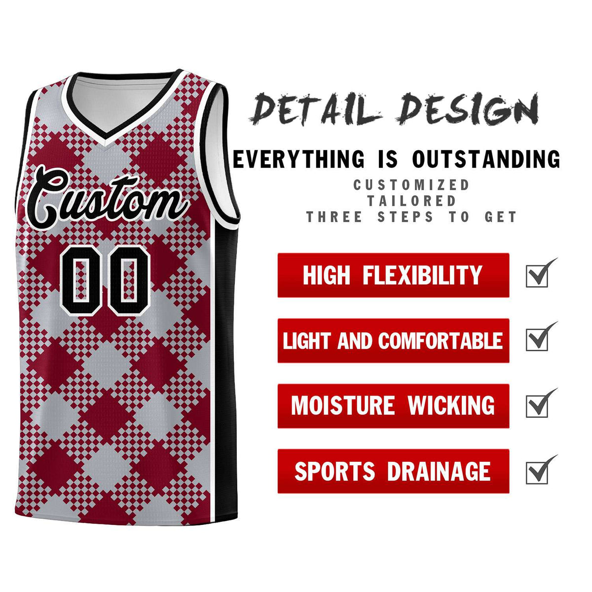 Personalized Gray Crimson-White Grid Basketball Kits