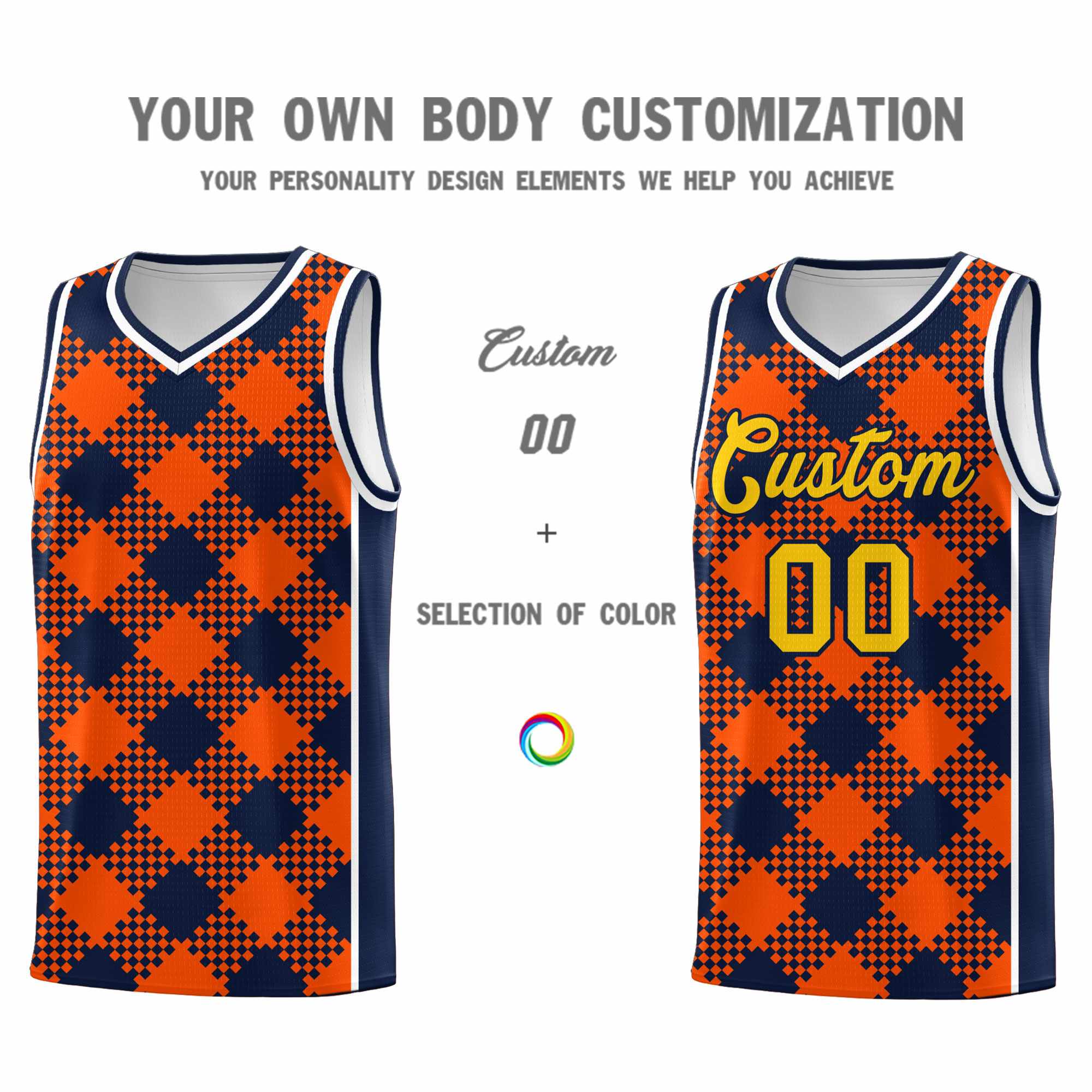 Personalized Orange Navy-White Grid Basketball Kits