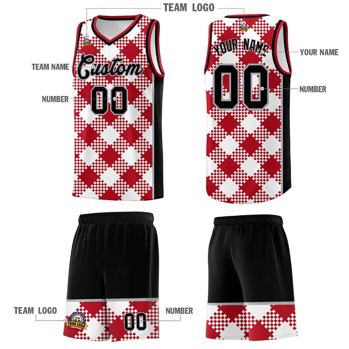 Personalized White Red-Gray Grid Basketball Kits