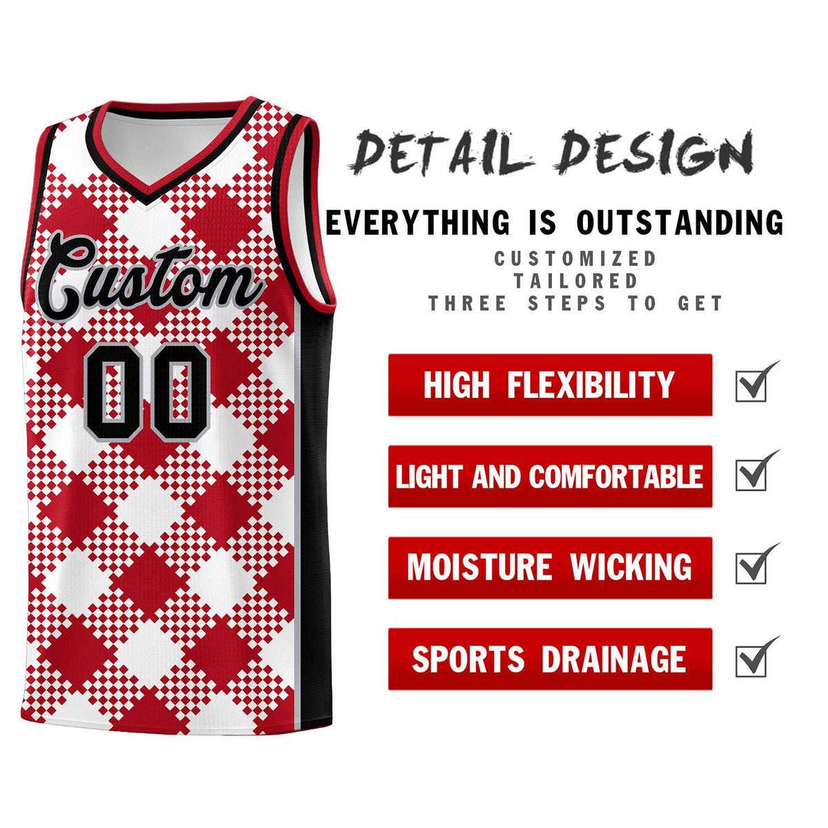 Personalized White Red-Gray Grid Basketball Kits