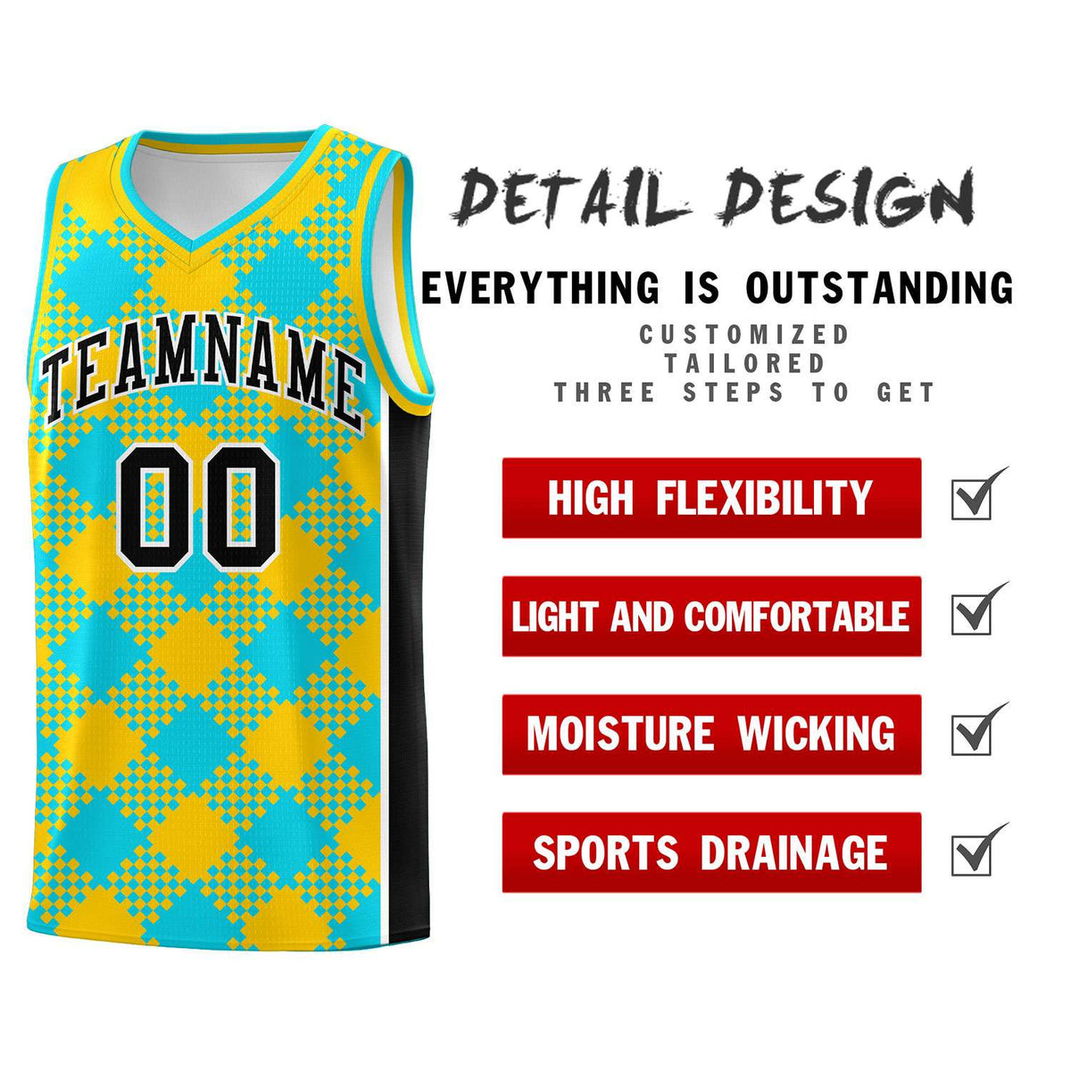 Personalized Sky Blue Gold-Black Grid Basketball Kits