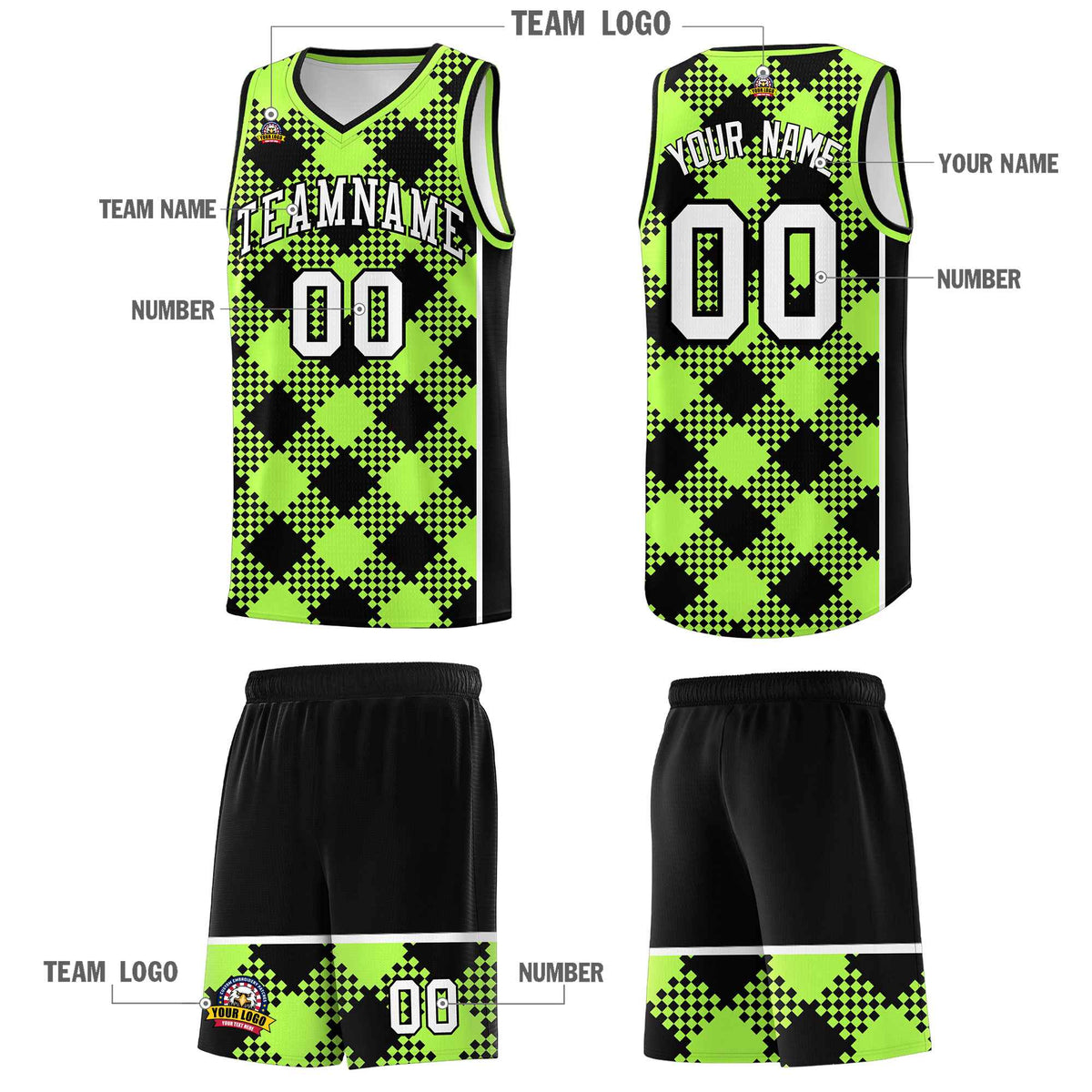 Personalized Fluorescent Green Black-White Grid Basketball Kits
