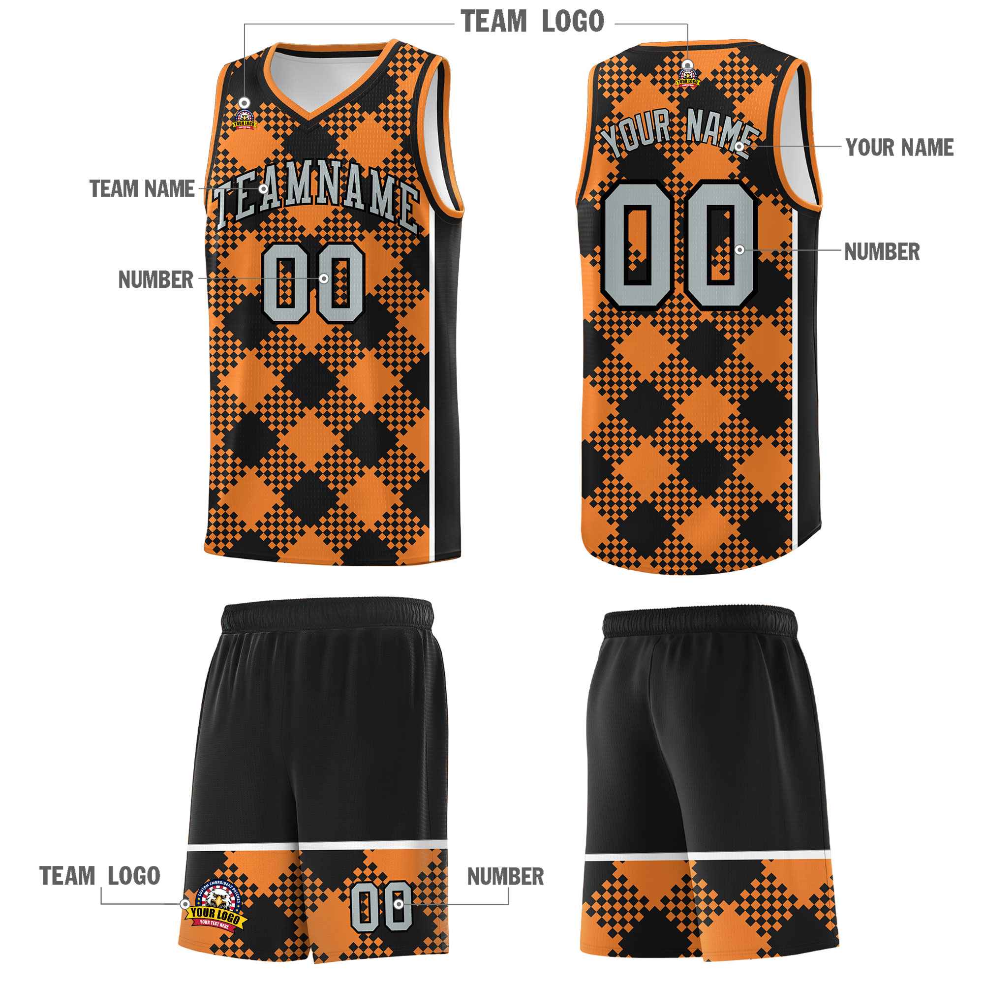 Personalized Gold Orange Black-White Grid Basketball Kits
