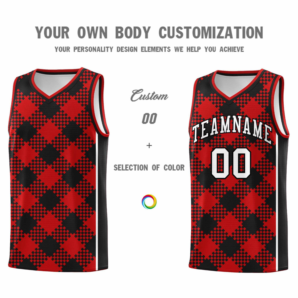 Personalized Red Black-White Grid Basketball Kits