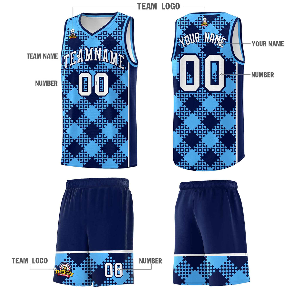 Personalized Powder Blue Navy-White Grid Basketball Kits