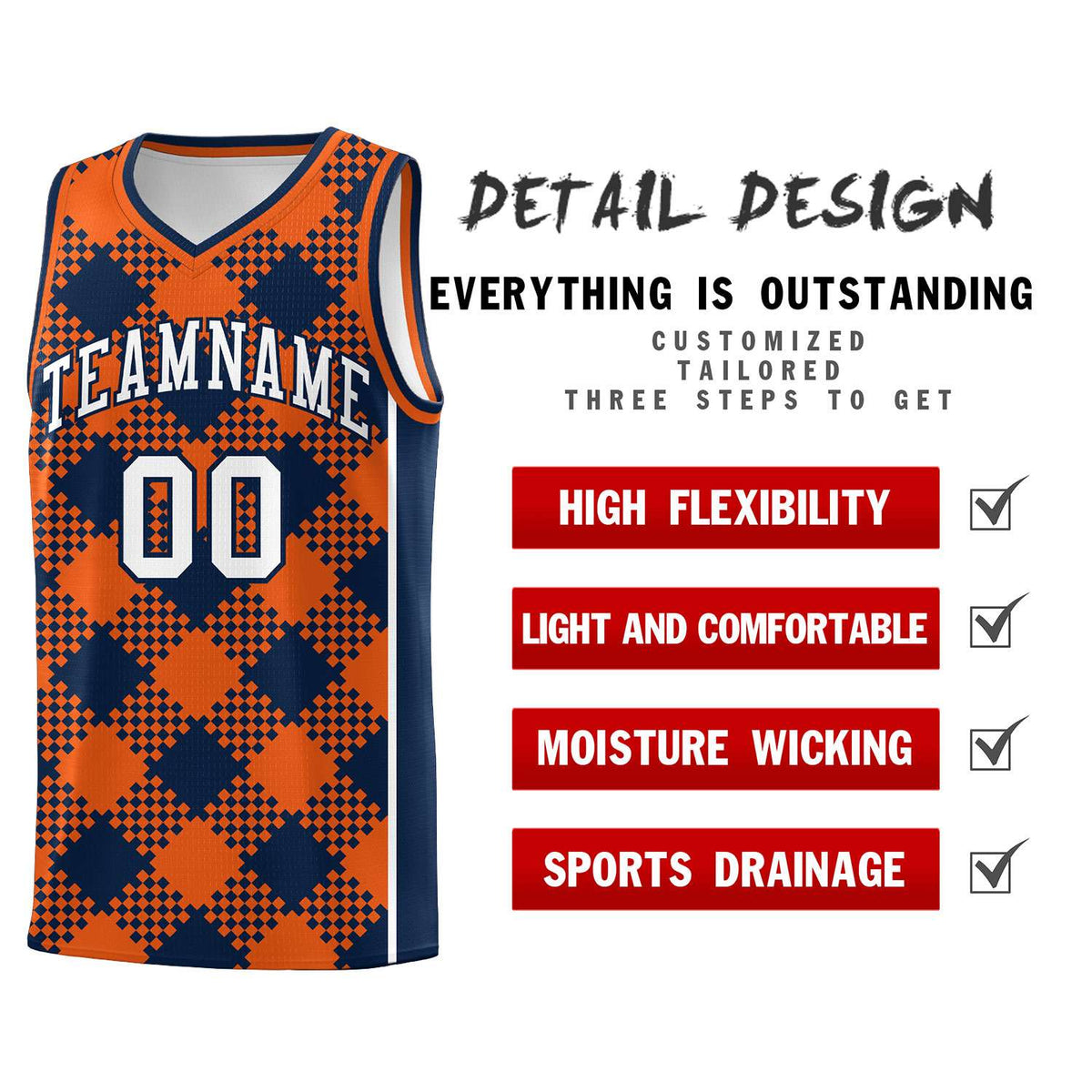 Personalized Navy Orange-White Grid Basketball Kits