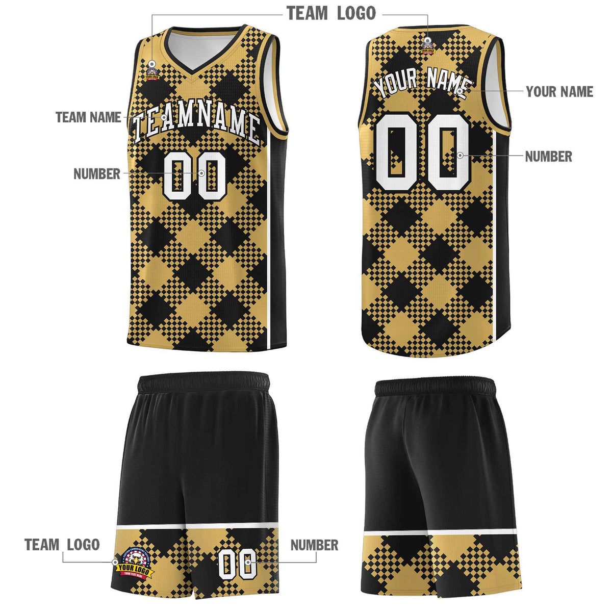 Personalized Old Gold Black-White Grid Basketball Kits