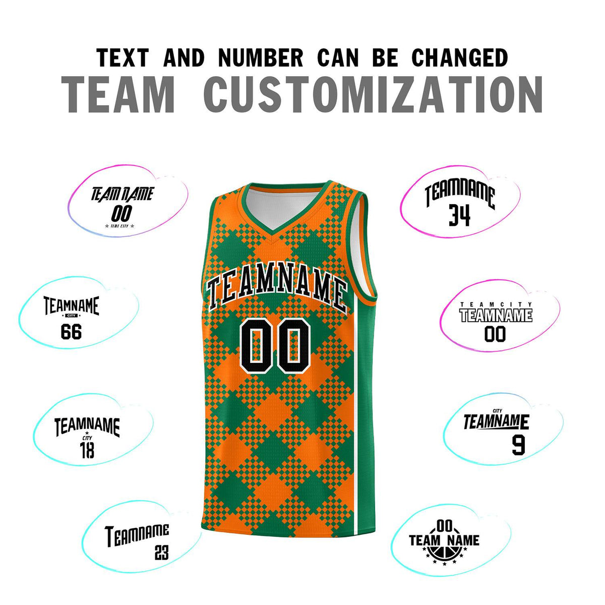 Personalized Orange Kelly Green-White Grid Basketball Kits