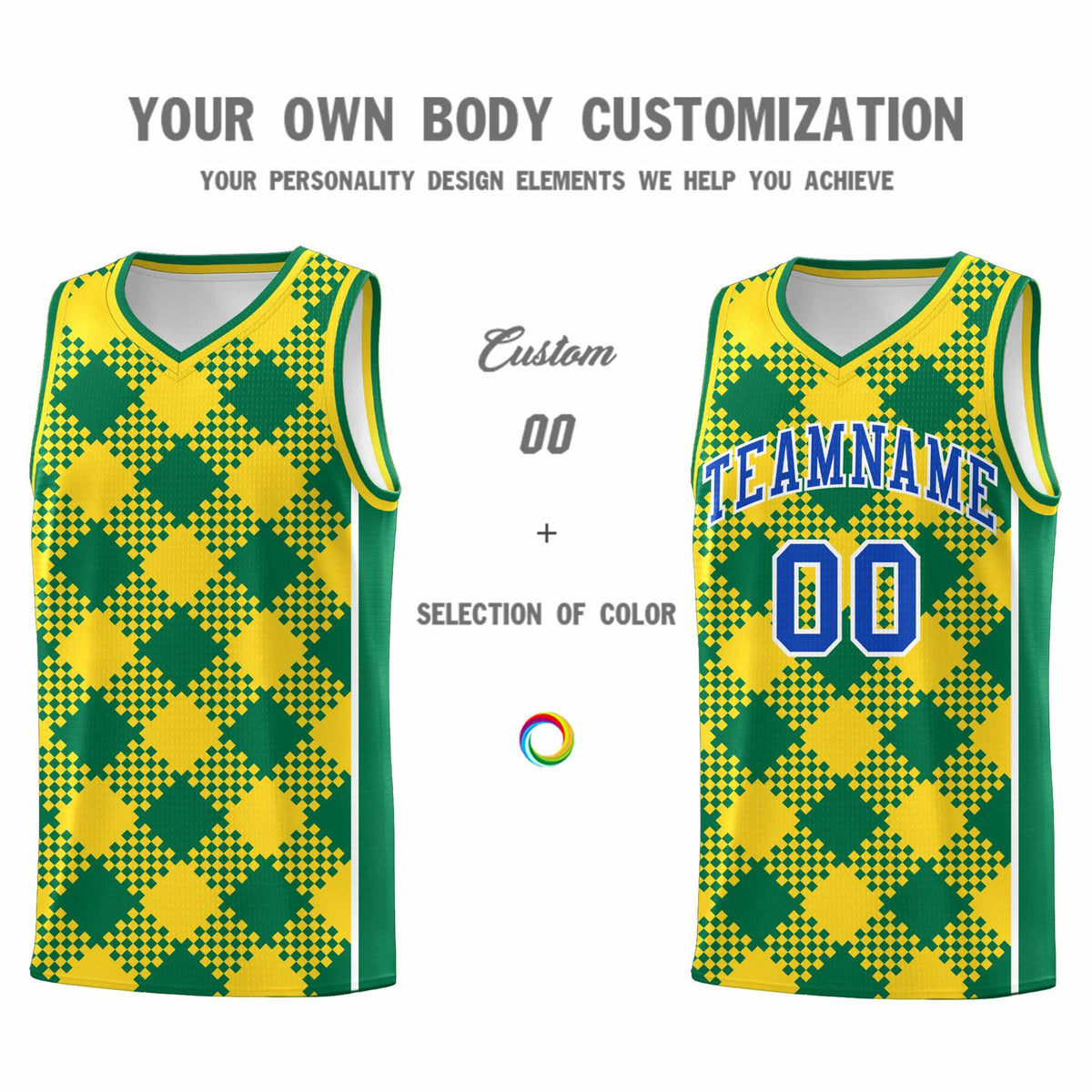 Personalized Gold Kelly Green-White Grid Basketball Kits