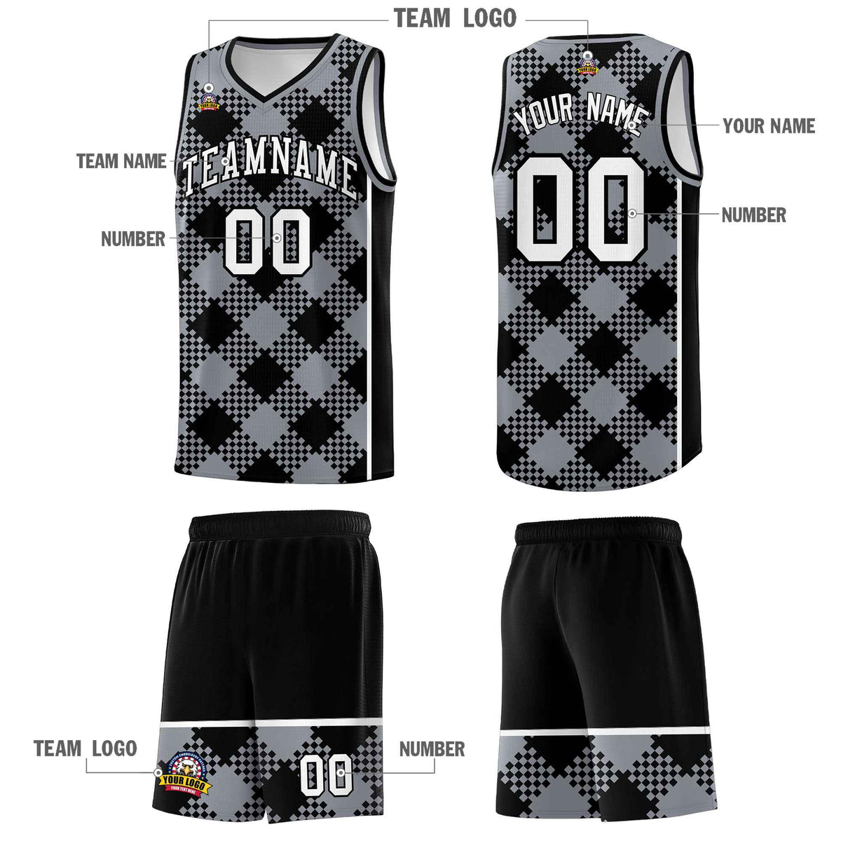 Personalized Gray Black-White Grid Basketball Kits