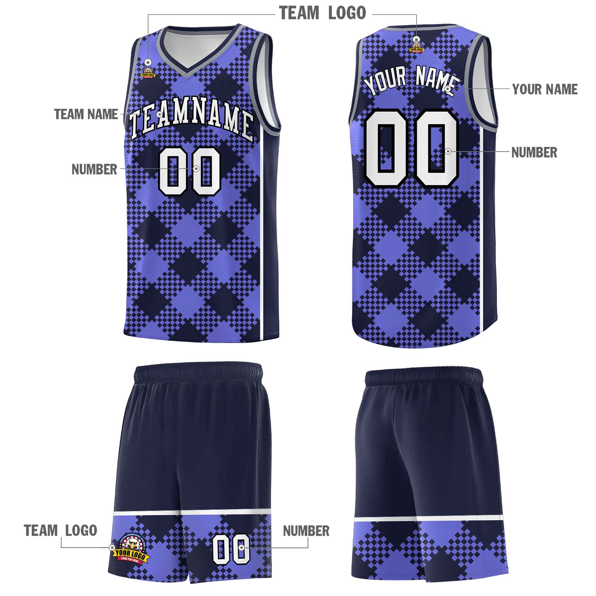 Personalized Purple Navy-White Grid Basketball Kits