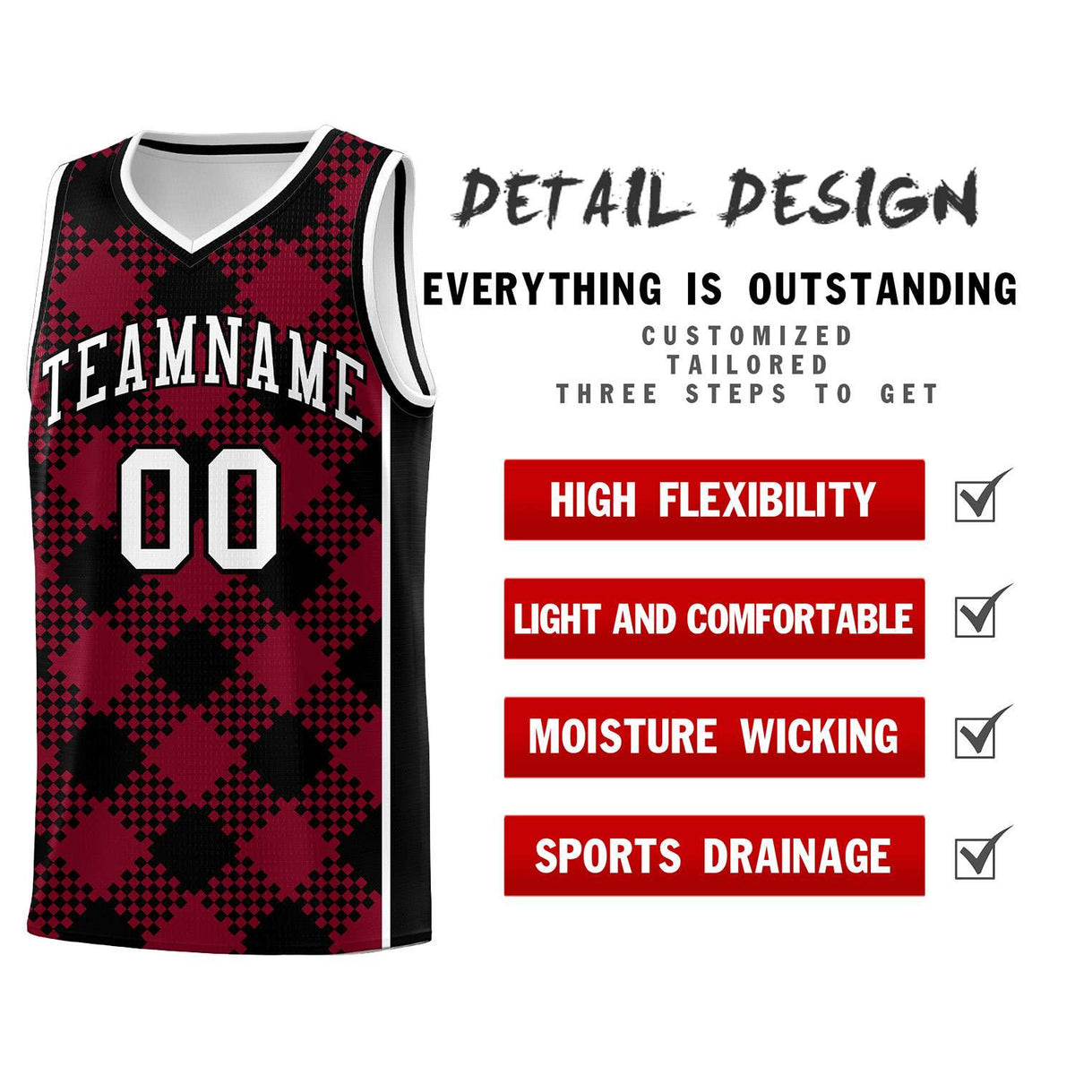 Personalized Crimson Black-White Grid Basketball Kits