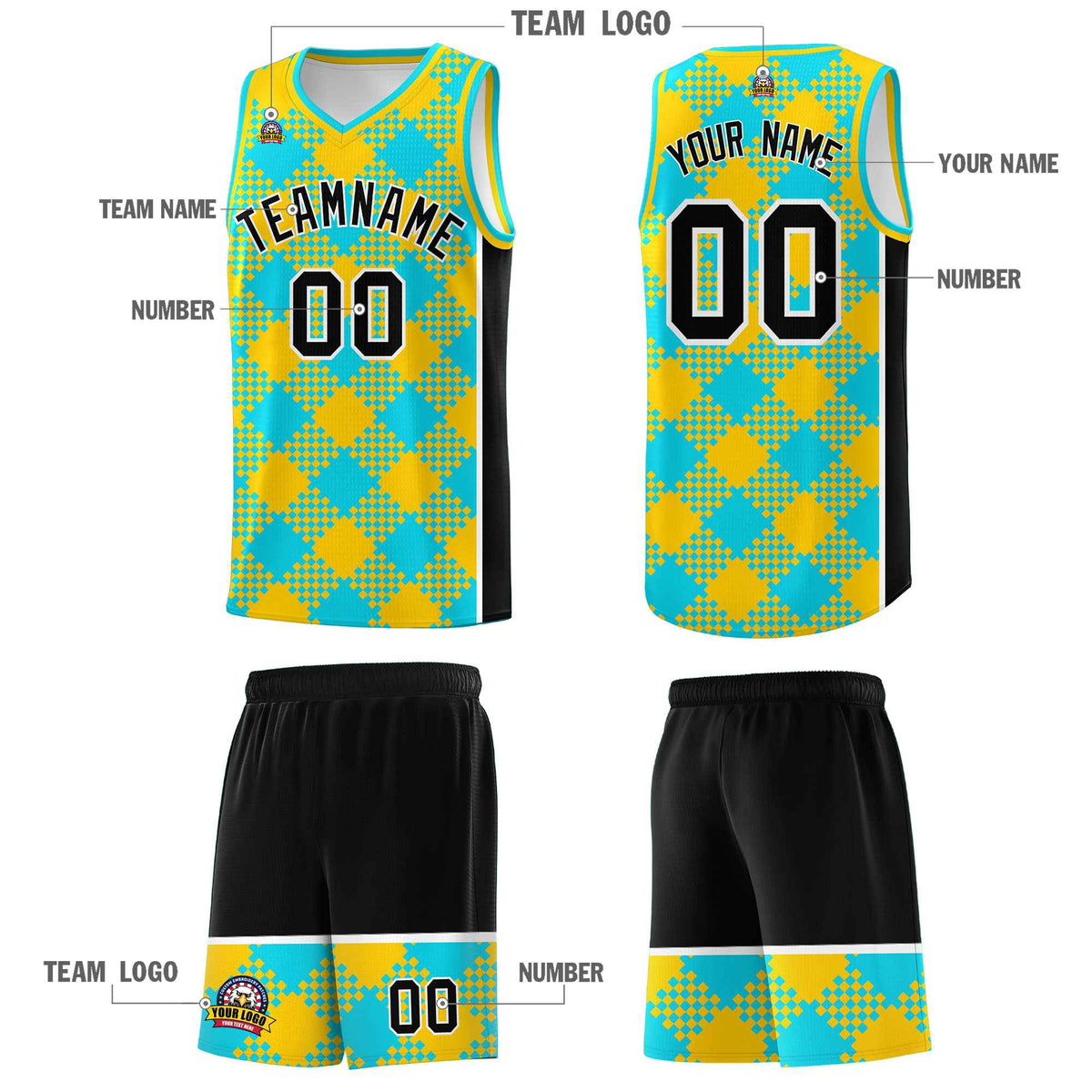 Personalized Sky Blue Gold-Black Grid Basketball Kits