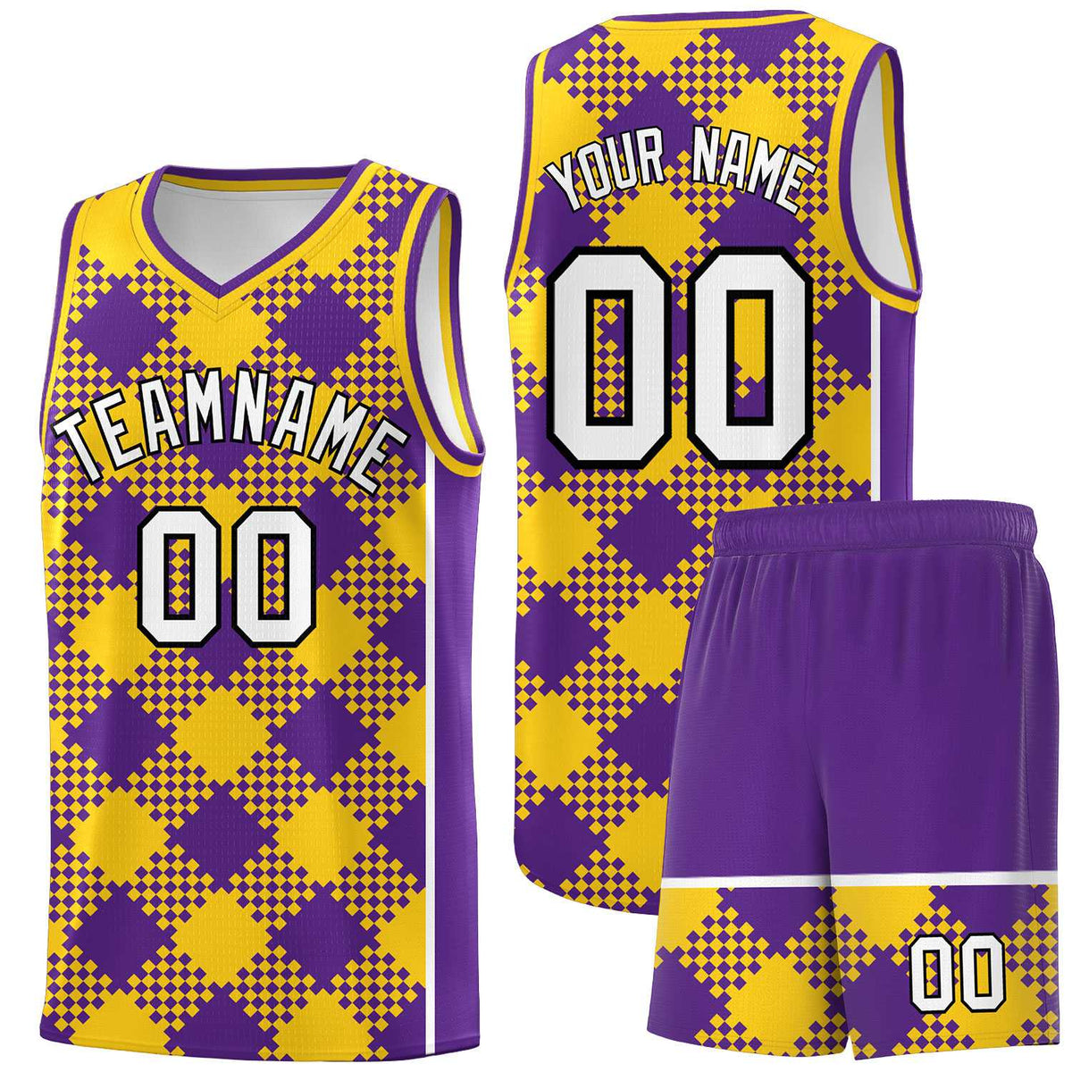 Personalized Purple Gold-White Grid Basketball Kits