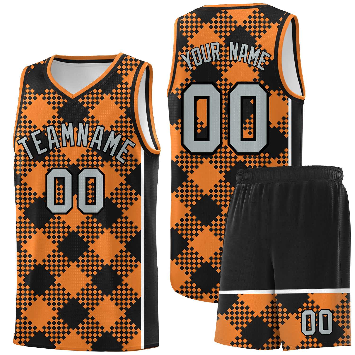 Personalized Gold Orange Black-White Grid Basketball Kits