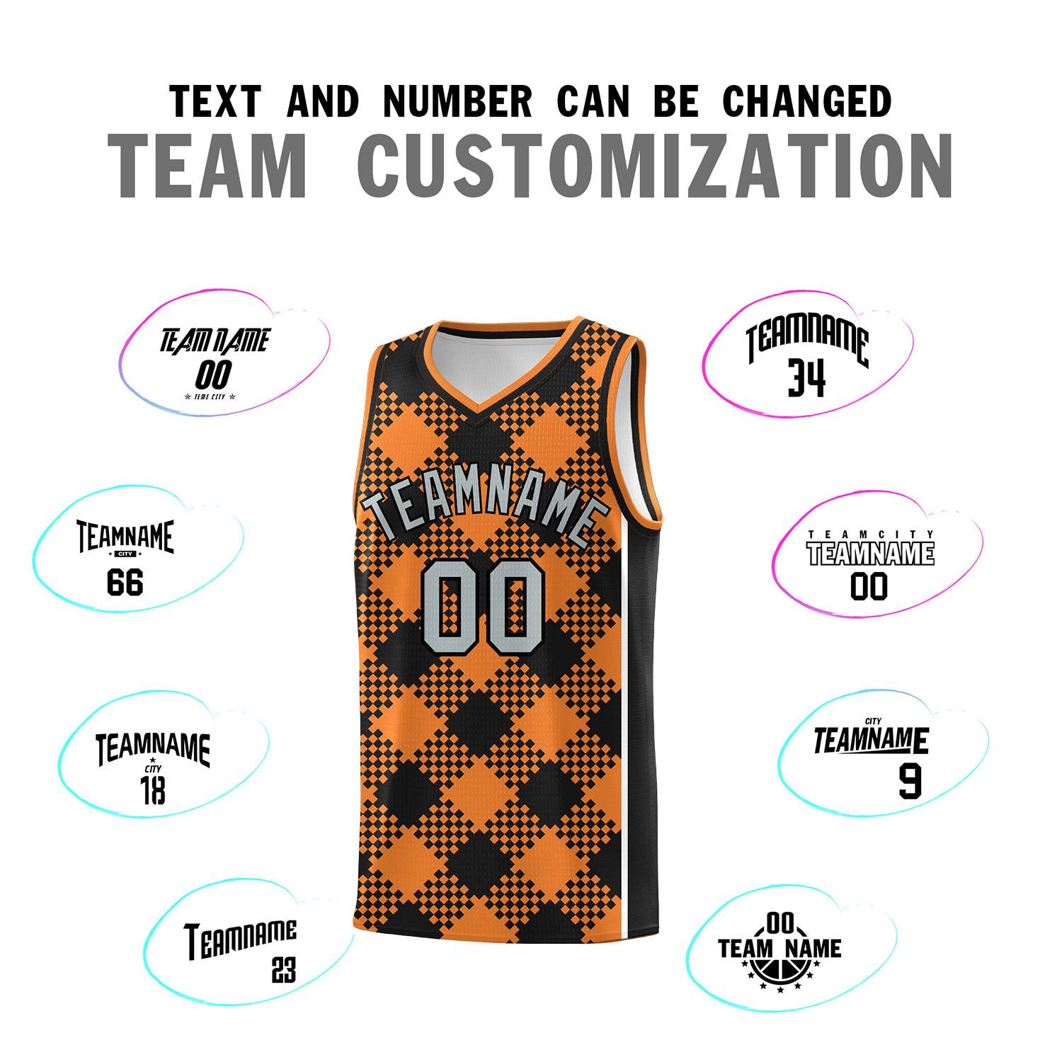 Personalized Gold Orange Black-White Grid Basketball Kits