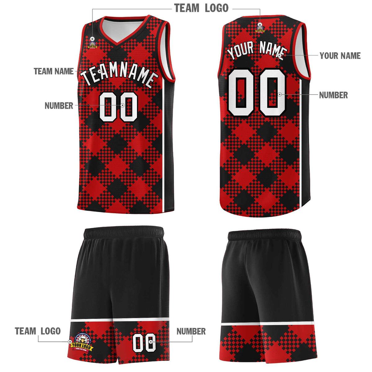 Personalized Red Black-White Grid Basketball Kits