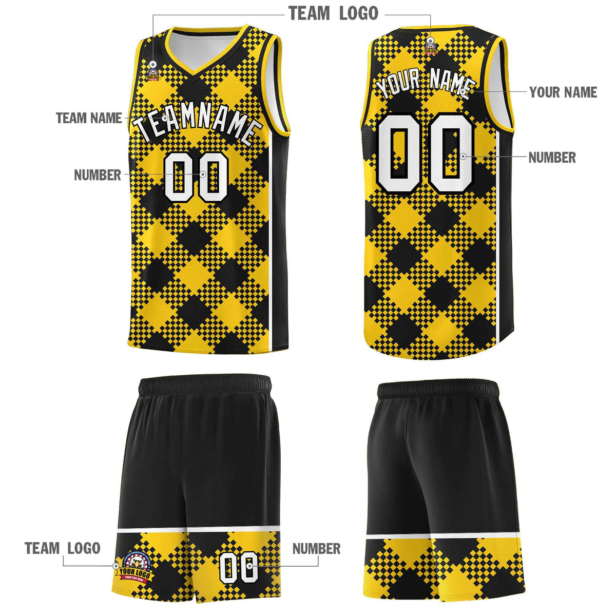 Personalized Gold Black-White Grid Basketball Kits