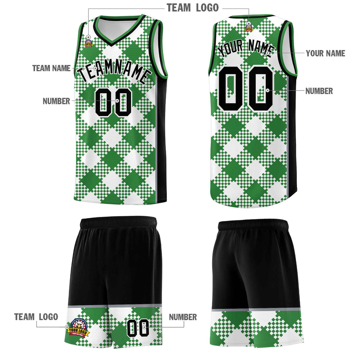 Personalized White Kelly Green-Gray Grid Basketball Kits